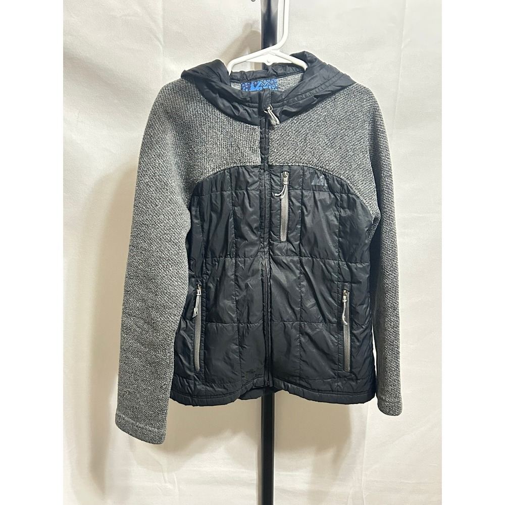 REI Boys XS 6/7 Hybrid Hooded Jacket Black Grey Quilted Puffer Knit‎ Full Zip